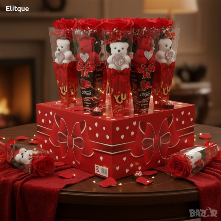 Романтичен букет с мече и червени рози, снимка 1