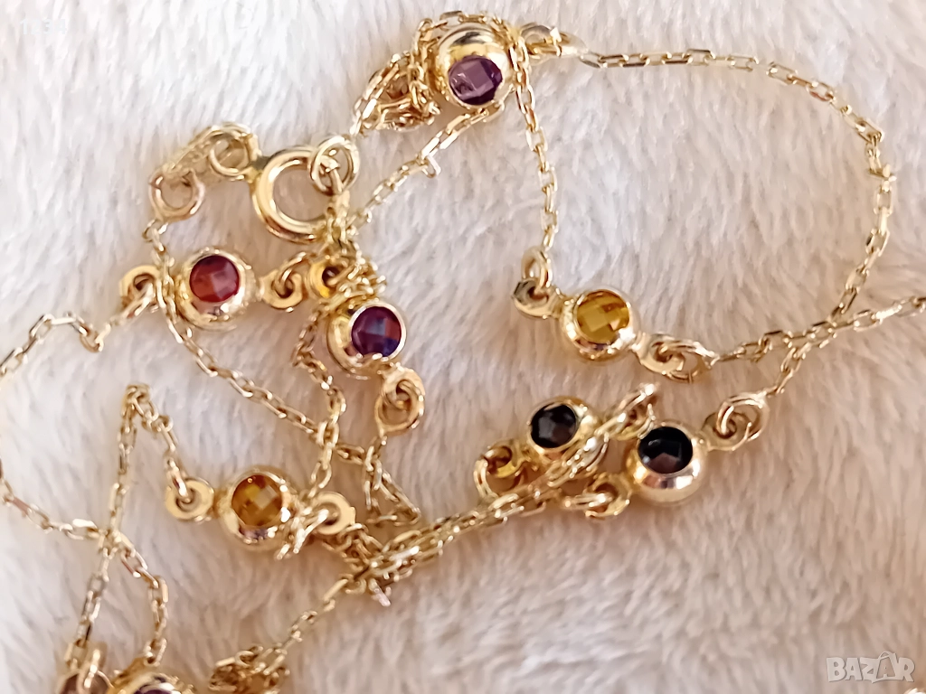 Златно колие с топчета инкрустирани с цветни камъни , снимка 1