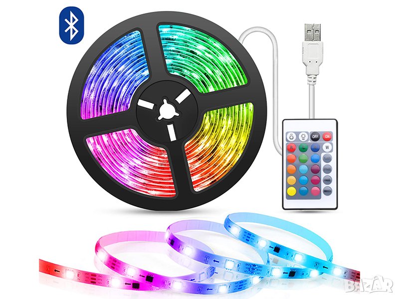 USB LED лента 5 м – Bluetooth или дистанционно управление – 5050 (5V), снимка 1