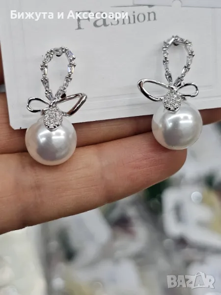 Обеци родий с перли и с  кристали - 28425-10, снимка 1