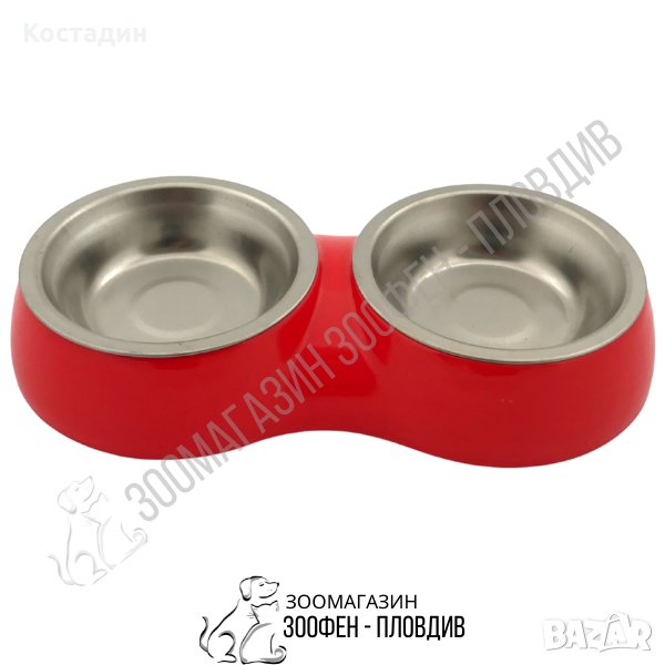Двойна Пластмасова Купа с Две Купи Инокс - за Куче/Коте - Червен цвят, снимка 1