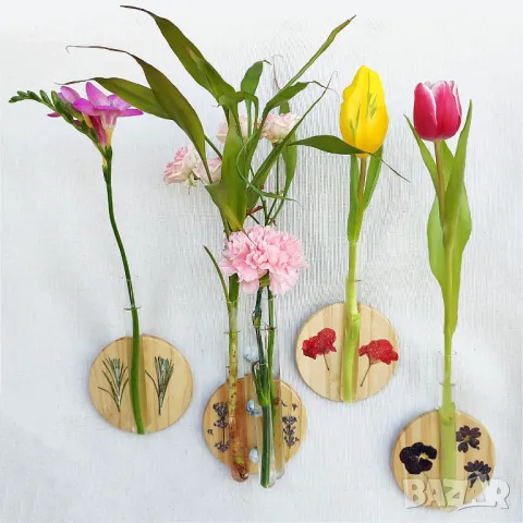 Вази с епруветки. Дърво, полускъпоценни камъни, мъниста, хербарий. Богат избор