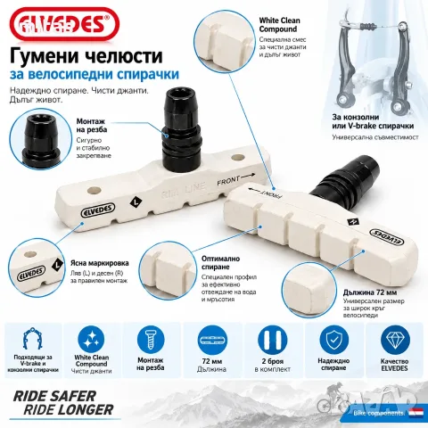 Гумички за V-Brake спирачки ELVEDES, White Clean Compound, 72 мм, Бели, Комплект, снимка 8 - Части за велосипеди - 54874335