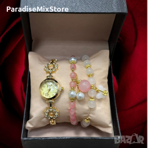 Луксозен дамски комплект часовник с камъни цирконии и 2 броя гривни с естествени камъни в бяло и роз, снимка 1 - Дамски - 44783366