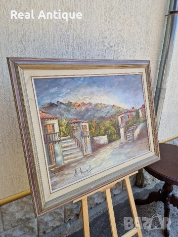 Прекрасна голяма антикварна авторска майсторска картина масло върху платно , снимка 6 - Картини - 51686409