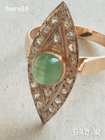 Стар златен пръстен с диаманти и изумруд злато 18к, снимка 3 - Пръстени - 42519597