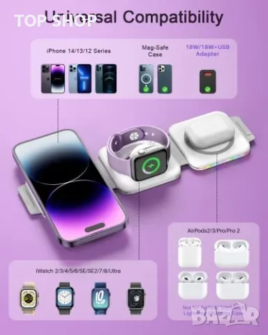 Сгъваемо безжично зарядно устройство 3 в 1 бързо магнитно преносимо, снимка 2 - Аксесоари за Apple - 49919334