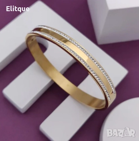 Твърда дамска гривна с камъни цирконии в изискан дизайн, снимка 2 - Гривни - 52786815