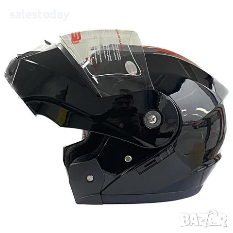 Каска за мотор с визьор, черна с червена лента с гланцово покритие, Модуларна, снимка 4 - Аксесоари и консумативи - 44681877