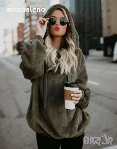 Дамски поларен суичър с качулка и джоб с връзки, 6цвята , снимка 10 - Суичъри - 47508930