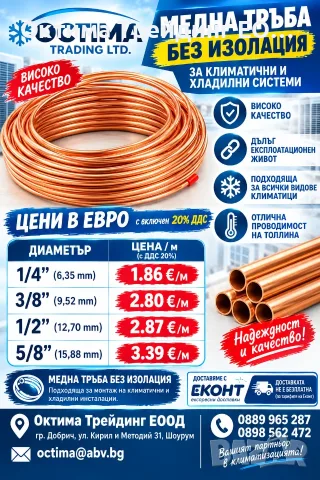 Медна тръба без изолация за монтаж на климатици 