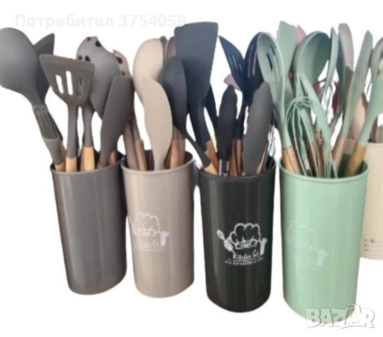 Комплект кухненски прибори от 12 бр. с дървена дръжка, снимка 3 - Прибори за хранене, готвене и сервиране - 52382116