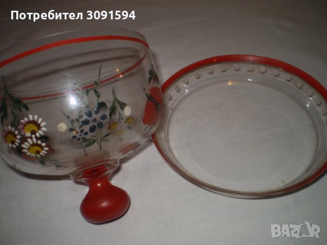 Ретро Ръчно рисувана стъклена чиния с капак , снимка 7 - Други ценни предмети - 40208947