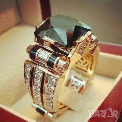 Мъжки пръстен стиймпънк с черен сапфир и циркони, позлата, снимка 5 - Пръстени - 35769895