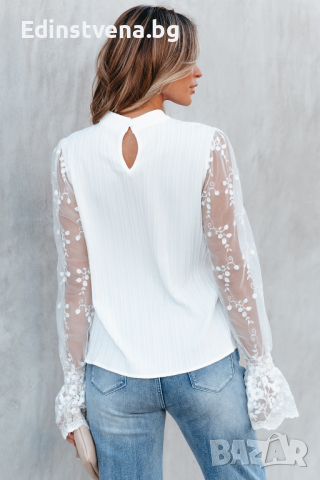 Дамска елегантна блуза в бяло с ръкави от тюл, снимка 5 - Блузи с дълъг ръкав и пуловери - 44632282