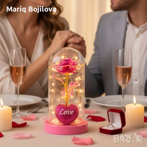 Светеща декоративна роза в купол - Светлина, романтика и любов, снимка 4 - Изкуствени цветя - 53047895