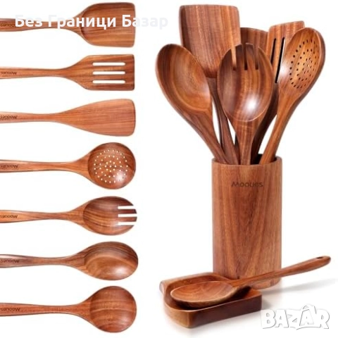 Нов Комплект дървени лъжици и шпатули от тик 9 части кухненски прибори