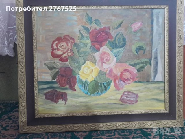 53х63см Стара Картина на платно рисувана с маслени бои цветя, снимка 3 - Колекции - 38987930