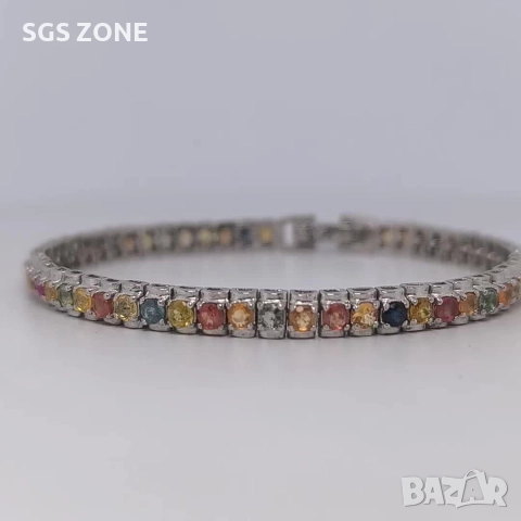 Сребърна гривна с родиево покритие и мултисапфир, снимка 10 - Гривни - 52565429