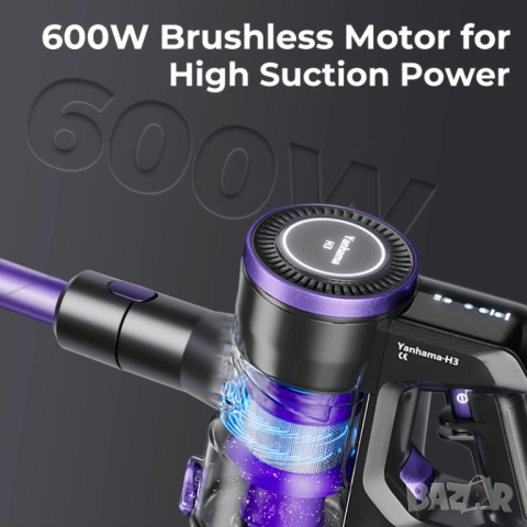 Безжична Вертикална Прахосмукачка - Yanhama H3 600W 65000Pa, 4-в-1 с 60 Мин Работа, LED!, снимка 6 - Прахосмукачки - 51500108