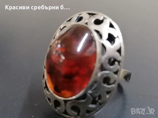Стар, масивен, сребърен пръстен с кехлибар., снимка 5 - Пръстени - 55658151