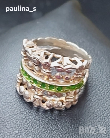 Винтидж / Стар семеен сребърен пръстен със зелен емайл / проба 925 , снимка 3 - Пръстени - 44581893