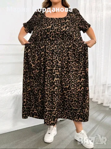 SHEIN 8XL Елегантна ежедневна бохо рокля голям размер с леопардов принт и къс ръкав , снимка 3 - Рокли - 55871666
