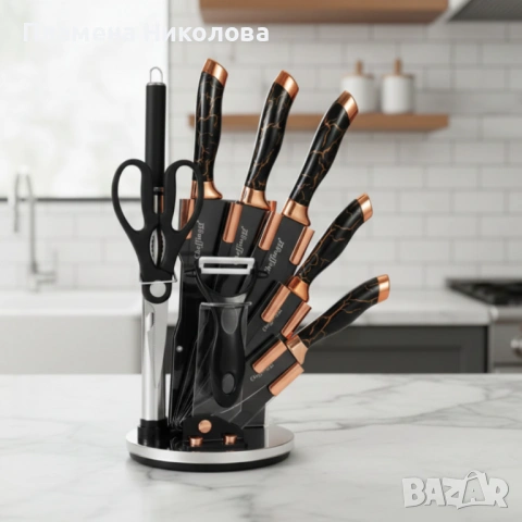 Комплект уреди за рязане Cheffinger – 9 части с мраморно покритие, стойка, точило и белачка, снимка 3 - Прибори за хранене, готвене и сервиране - 53615633