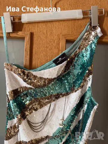  Elisabetta Franchi One-Shoulder Sequin къса парти официална коктейлна рокля пайети аквамарин , снимка 9 - Рокли - 46868543