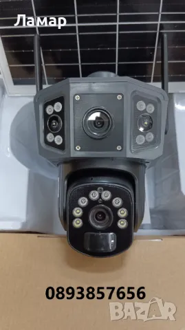 Тройна Соларна безжична въртяща камера 4G 12MP работи с СИМ SIM карта мобилни данни от тел. опер