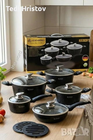 Комплект от 12 части - тенджери, тиган и подложки Edenberg EB-5613