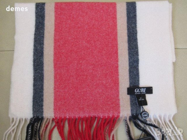 Фин шал 100% кашмир, райе бяло и  червено, Монголия, снимка 5 - Шалове - 35797180