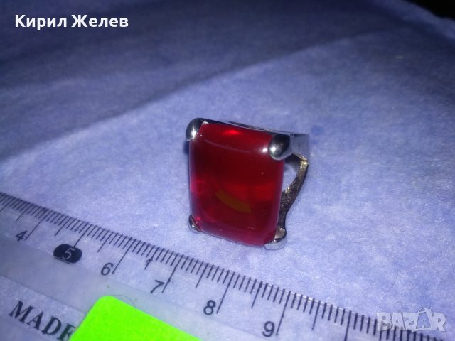 ВЕЛИКОЛЕПЕН ПОСРЕБРЕН МЕДЕН КЛАСИЧЕСКИ МОДЕЛ ПРЪСТЕН с ПООЛИРАН ПРОЗИРЕН ЧЕРВЕН МИНЕРАЛ КАМЪК 36985, снимка 9 - Пръстени - 39715049