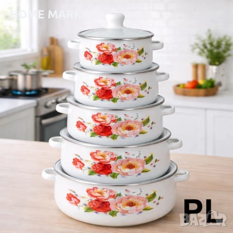 Промо пакет: 5 бели емайлирани тенджери със стъклени капаци + 5 стъклени купи с капак  , снимка 3 - Съдове за готвене - 53259412