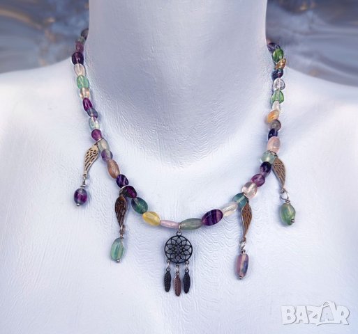 Ангелски крила. Колиета чокър с многоцветен флуорит, снимка 3 - Колиета, медальони, синджири - 41631007