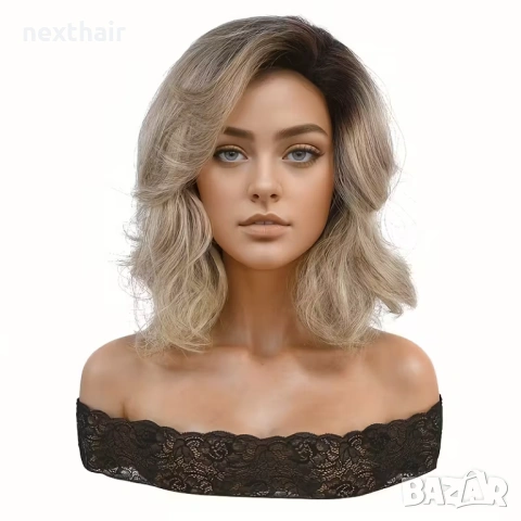 Модерна пепеляво руса перука с тъмни корени - чуплива, асиметрична прическа, снимка 6 - Аксесоари за коса - 53727909