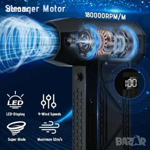 Акумулаторна компресирана въздушна четка (Air Duster) с LED дисплей и 9 приставки, снимка 2 - Друга електроника - 55850033
