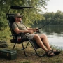 Сгъваем градински шезлонг с поставка, джоб, възглавница и сенник - комфорт, функционалност и слънцез, снимка 1