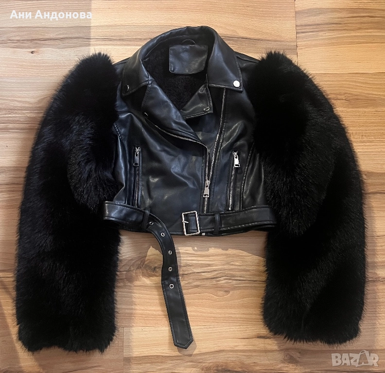 Кожено яке с косъм по ръкавите, снимка 1