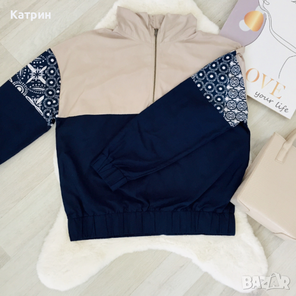 Бежов/син суитшърт с мотиви Noisy May, S, свободен и мини чантичка с бонус дълга дръжка, Sinsay , снимка 1