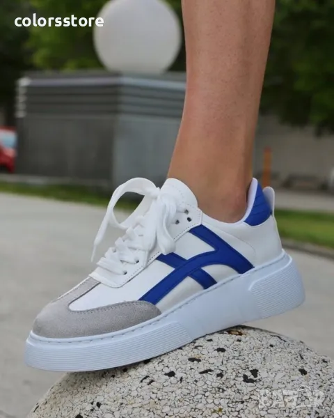 Равни кецове - бяло, сиво и синьо - KA768, снимка 1