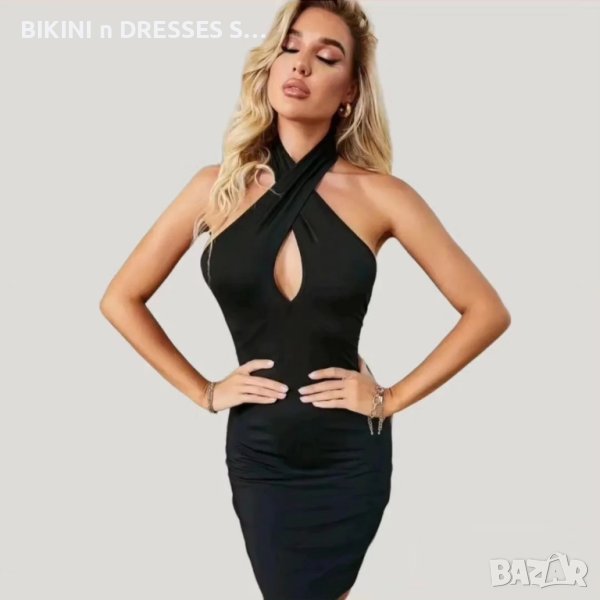 Къса черна рокля с преплитане около врата, снимка 1