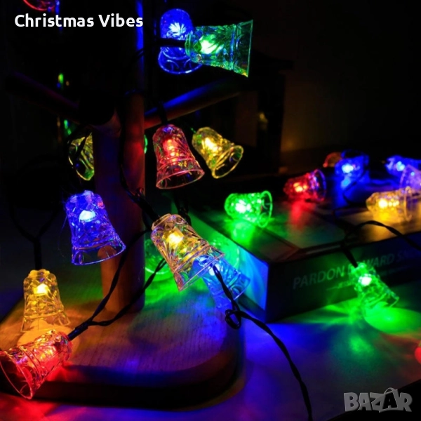 Многоцветни коледни LED лампички с камбанки - Многоцветни, дължина - 5м ,28 бр. лампички., снимка 1