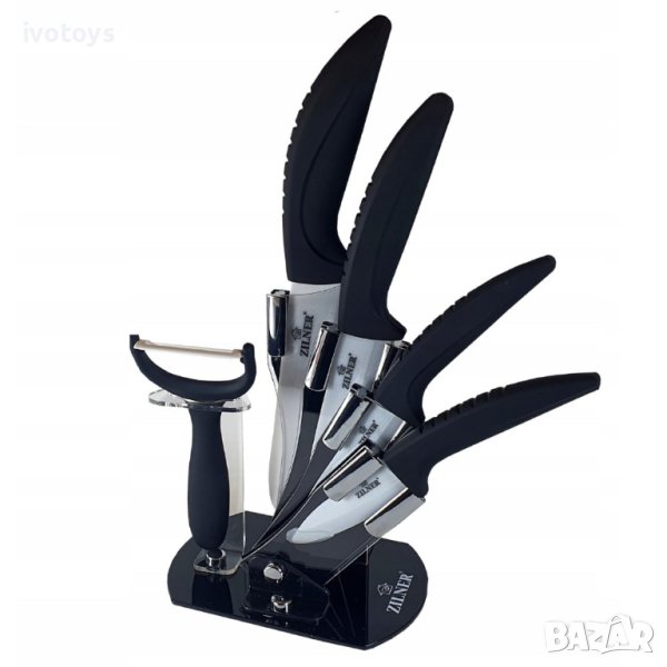 Комплект ножове с поставка Zilner ZL 5124, 6 части, Белачка, Керамично покритие, Черен, снимка 1