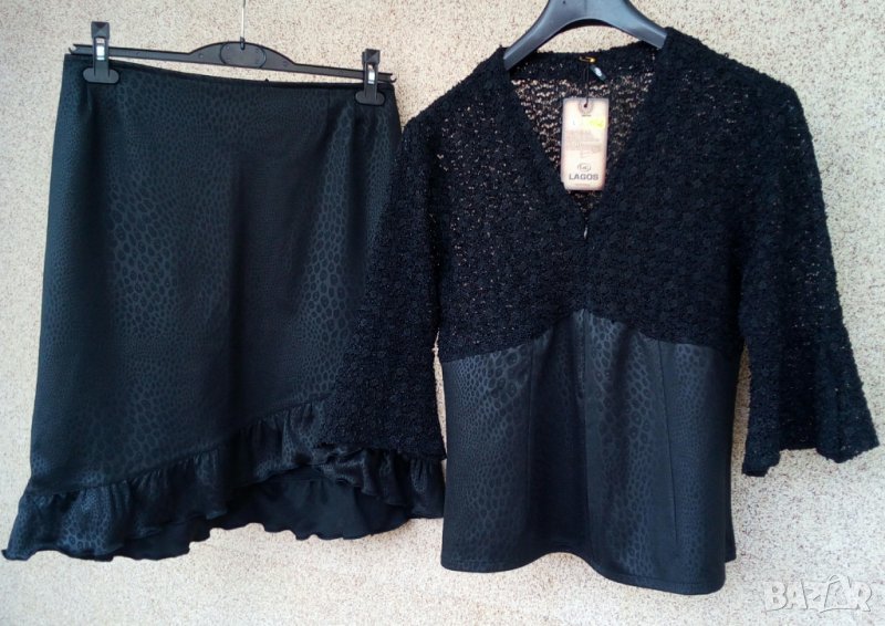  Дамски черен комплект в две части от плат имитация на кожа., снимка 1