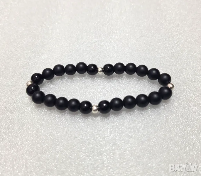 Еластична Гривна с Оникс и Сребърни топчета /проба 925/, снимка 1