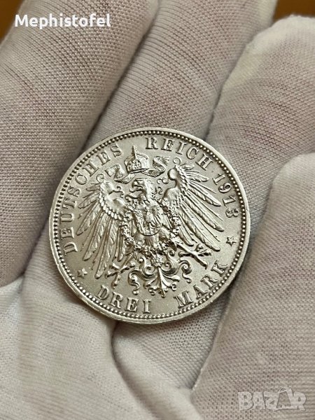 3 марки 1913 г, Германия / Саксония - сребърна монета, снимка 1