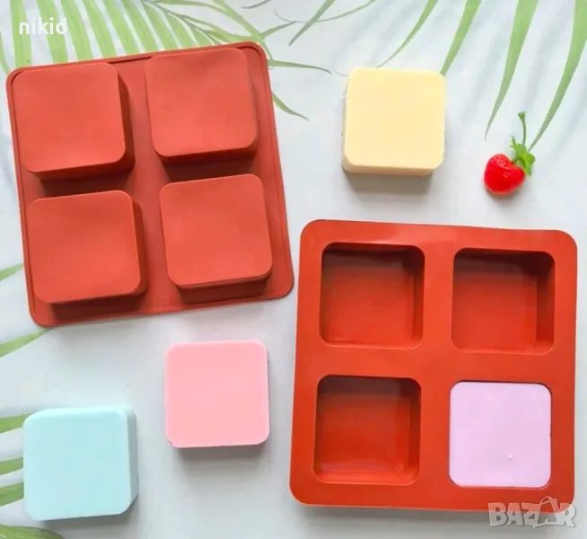 4 заоблени квадрат квадрати силиконов молд форма фондан сапун гипс шоколад кексчета , снимка 1