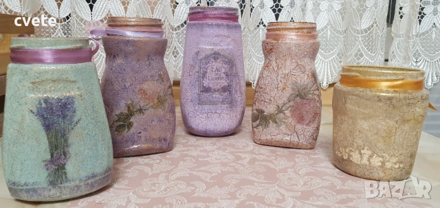 Стъклени буркани в ретро стил, ръчно декорирани с декупаж, снимка 2 - Вази - 44566381