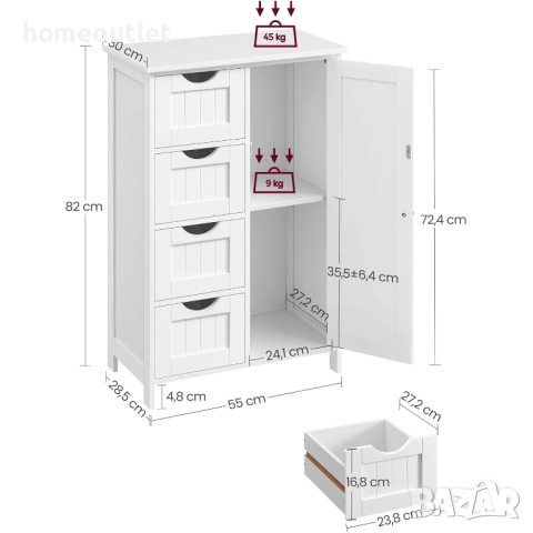 ПРОМОЦИЯ Многофункционален шкаф за баня – интелигентно решение за съхранение  VASAGLE LHC41W, снимка 4 - Шкафове - 52707985